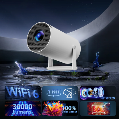 White ultra HD smart projector with a sleek cylindrical design, capable of 180° rotation, featuring Wi-Fi 6, 3000 lumens brightness, DSP stereo sound, 100% color gamut, and adjustable projection angles for versatile home entertainment and presentations.