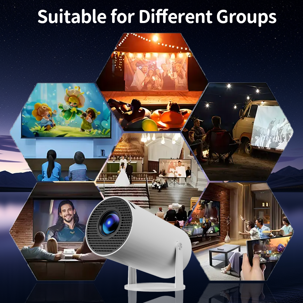 White portable projector with a sleek cylindrical design, projecting vibrant images onto various surfaces, suitable for home entertainment, outdoor movie nights, and gatherings, demonstrating its versatility for different groups and settings.