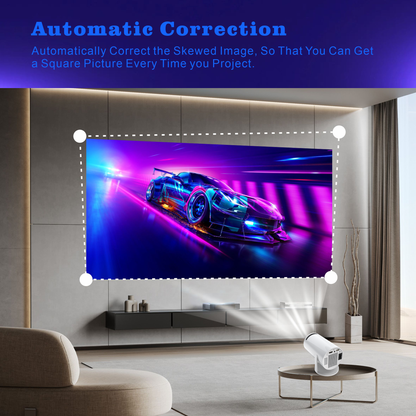 Modern living room with a projector displaying a vivid, high-quality image of a racing car on a large screen, showcasing automatic correction features that ensure a perfectly square picture every time for an optimal viewing experience.