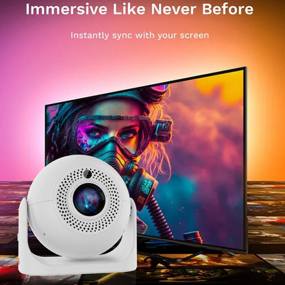 A sleek white JY360 projector with built-in camera projecting a vibrant colorful image onto a screen, demonstrating its immersive display capabilities, set against a warm gradient background with the text "Immersive Like Never Before" and "Instantly sync with your screen.