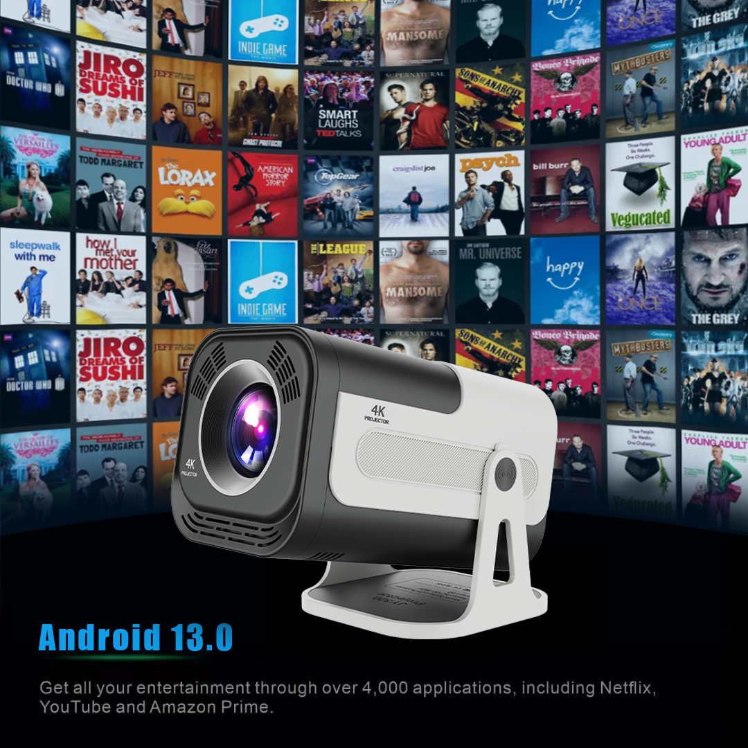 YLEEGS JY320 4K smart projector with Android 13, supporting thousands of streaming apps including Netflix, YouTube, and Amazon Prime.