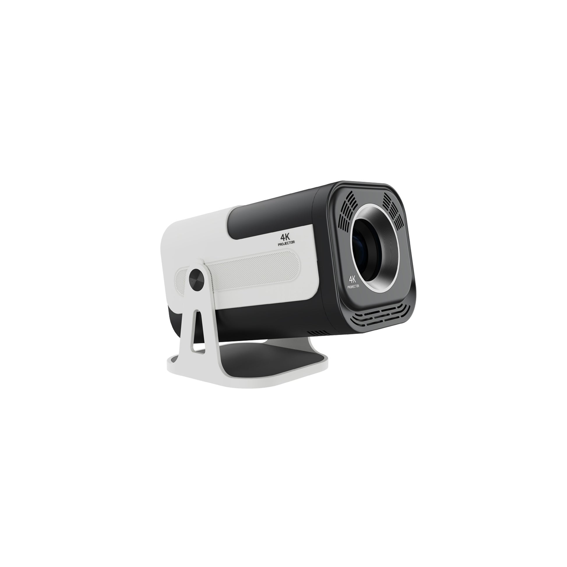 YLEEGS JY320 4K-Supported Short-Throw Smart Projector on adjustable stand, black and white design — Android 13 home theater projector for movies, gaming