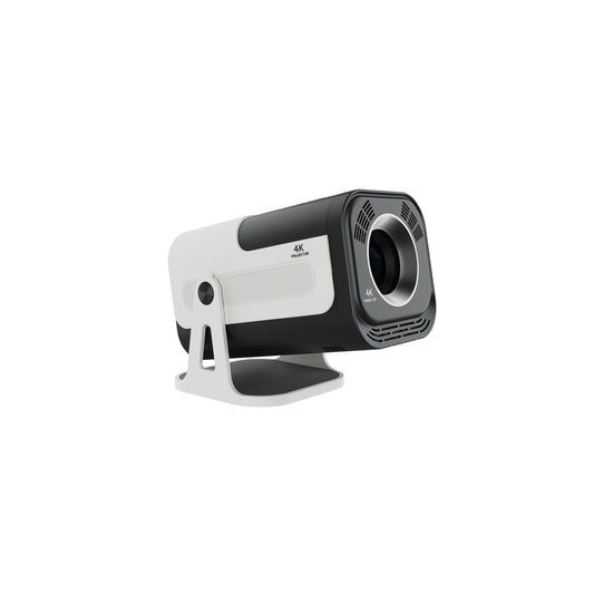 YLEEGS JY320 4K-Supported Short-Throw Smart Projector on adjustable stand, black and white design — Android 13 home theater projector for movies, gaming
