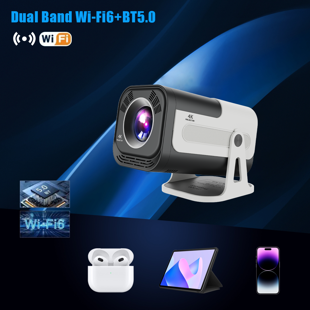JY320 smart projector with Wi-Fi 6 and Bluetooth 5.0 seamless wireless connectivity for mobile devices and home entertainment.