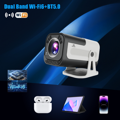 JY320 smart projector with Wi-Fi 6 and Bluetooth 5.0 seamless wireless connectivity for mobile devices and home entertainment.
