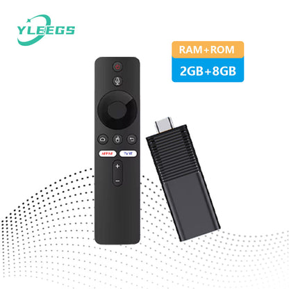 Close-up of the YLEGS I96D1 smart TV stick and remote control, highlighting its compact design, with labels indicating 2GB RAM and 8GB ROM, perfect for upgrading your TV to stream 4K content seamlessly. The background features a modern dotted pattern, emphasizing high performance and user-friendly entertainment setup.