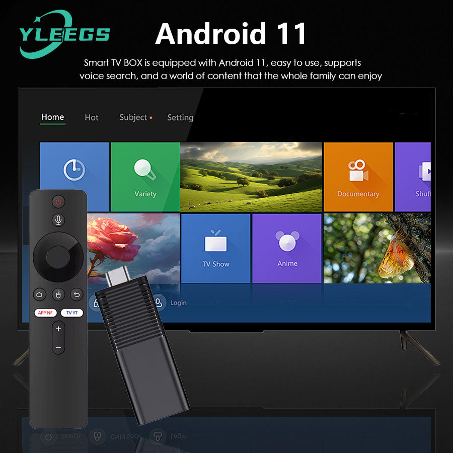 Close-up of the YLEGS I96D1 Android TV stick connected to a smart TV, showcasing its sleek black design and HDMI port, set against a TV interface displaying various entertainment options like documentaries, anime, and TV shows, emphasizing its Android 11 compatibility, 4K support, and easy voice search for enhanced home entertainment.