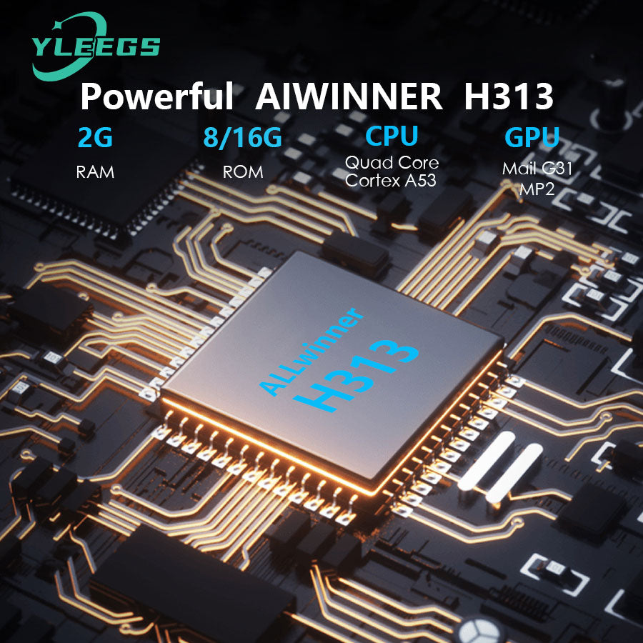 Close-up of the YLEGS I96D1 smart TV stick featuring a sleek black design and HDMI connector, placed on a circuit board background with highlighted features including 2GB RAM, 8/16GB storage, quad-core A53 CPU, and Mali G31 GPU, ideal for enhancing your TV with 4K streaming, Android 11, and fast connectivity.