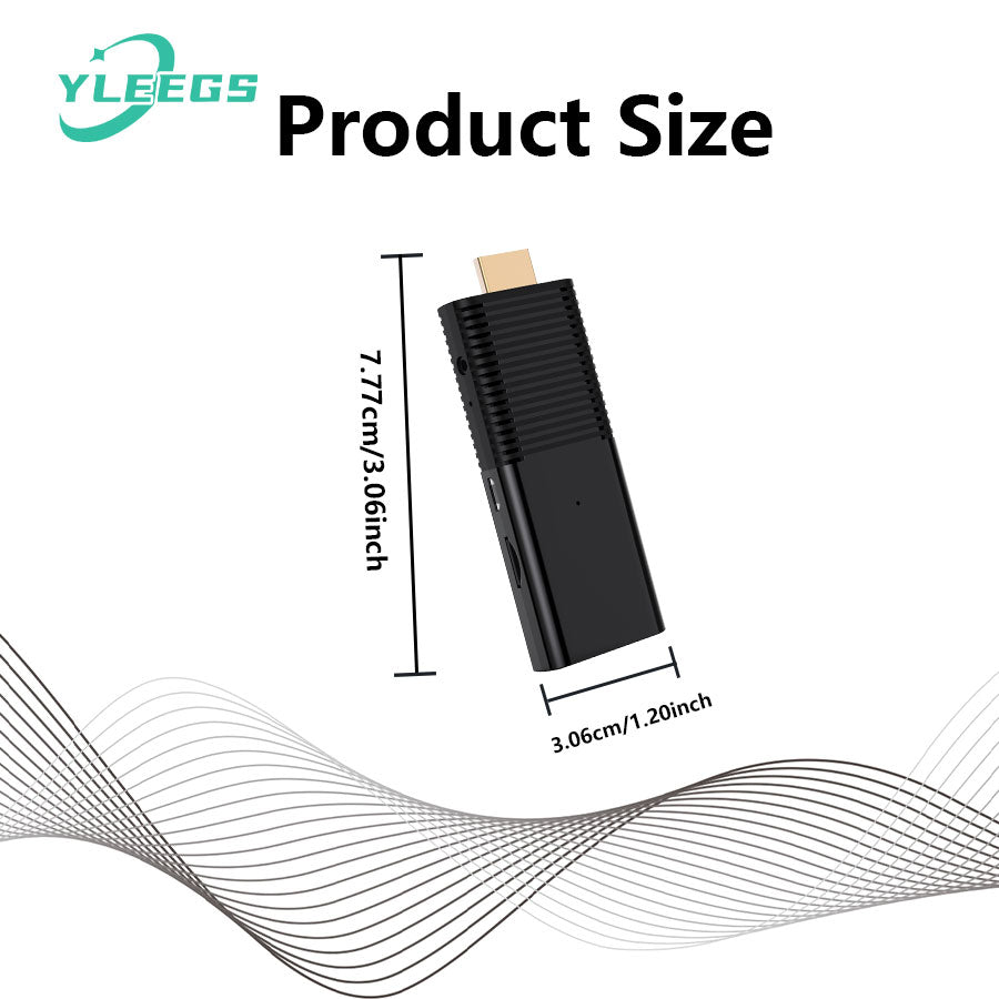 Image displaying the dimensions of the YLEGS I96D1 mini Android TV stick, measuring approximately 7.77 cm (3.06 inches) in length and 2.7 cm (1.06 inches) in width, highlighting its slim design perfect for easy streaming setup on smart TVs with 4K resolution and dual-band WiFi.