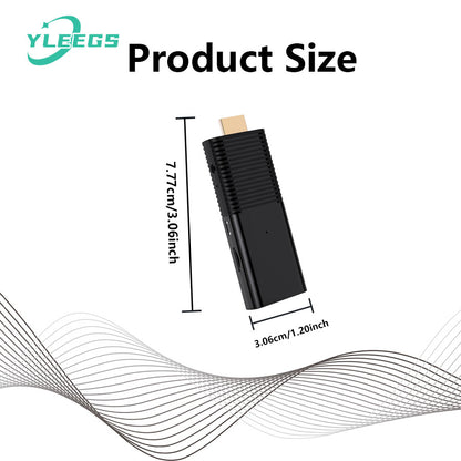 Image displaying the dimensions of the YLEGS I96D1 mini Android TV stick, measuring approximately 7.77 cm (3.06 inches) in length and 2.7 cm (1.06 inches) in width, highlighting its slim design perfect for easy streaming setup on smart TVs with 4K resolution and dual-band WiFi.