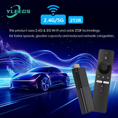 Image showcasing the YLEGS I96D1 Android TV stick with remote control, highlighting its dual-band WiFi (2.4G/5G) and 2T2R technology for faster internet speeds, improved capacity, and reduced network congestion, set against a futuristic sports car background symbolizing high performance and connectivity.
