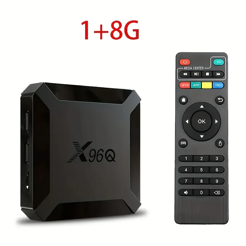 Black X96Q TV box with remote control on a white background