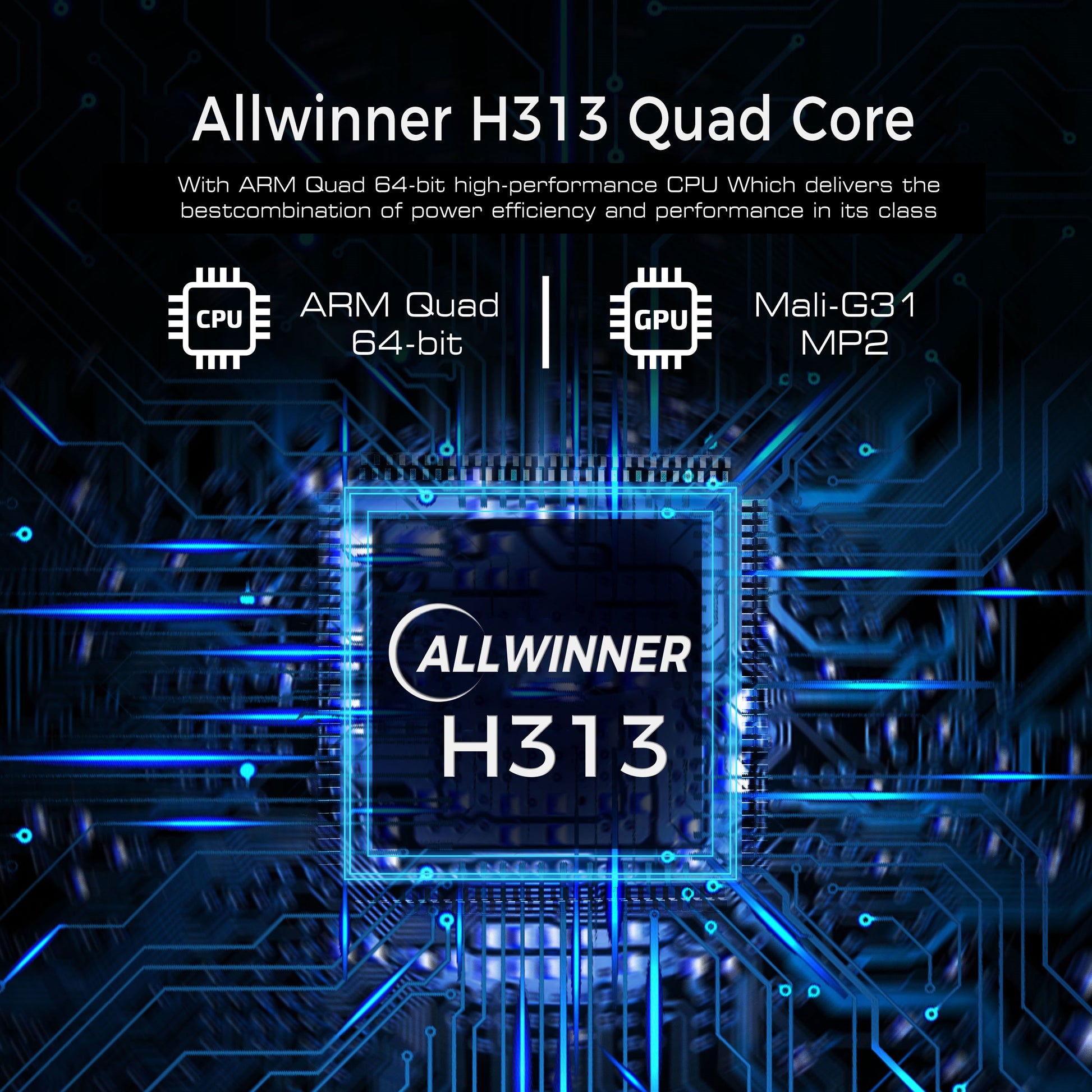 Allwinner H313 Quad Core CPU with circuit board design on a dark background