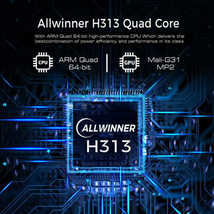 Allwinner H313 Quad Core CPU with circuit board design on a dark background