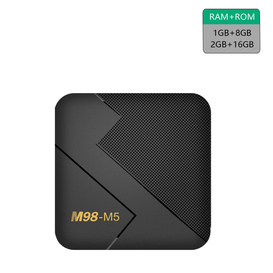 Top view of M98-M5 black Android TV box with RAM and ROM options for streaming and media playback