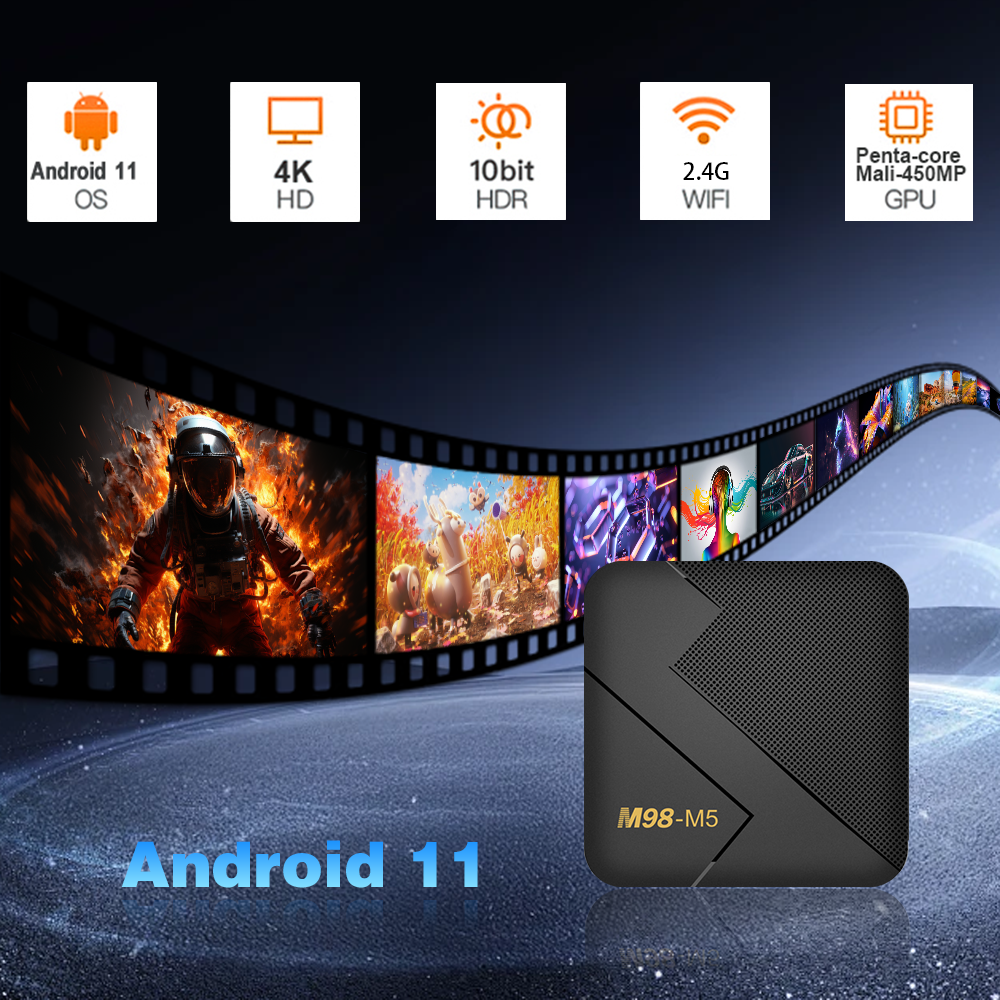 M98-M5 Android 11 TV box with 4K HDR, 2.4G WiFi, and pentacore GPU for enhanced streaming and gaming