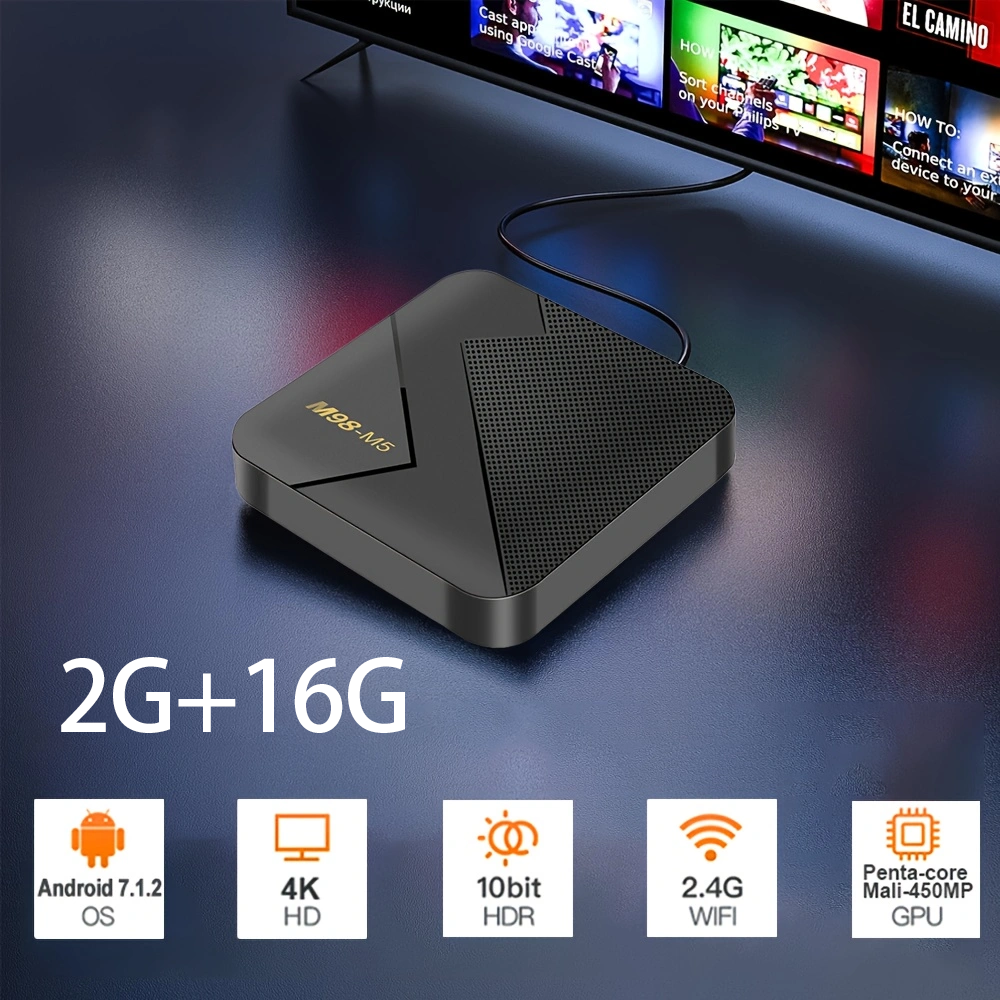 M98-M5 TV box with Android 7.1.2 OS, 2GB RAM, 16GB storage, 4K HD, 10bit HDR, 2.4G WiFi, and Mali-450MP GPU for smart home streaming.