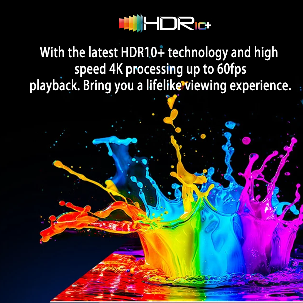 M98-M5 TV box with HDR10+ technology and 4K 60fps playback for vivid, lifelike color and enhanced viewing experience