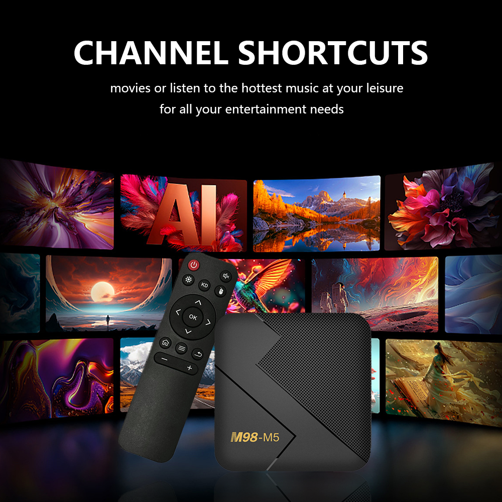 M98-M5 and remote in front of vibrant streaming channels, showcasing entertainment shortcut features