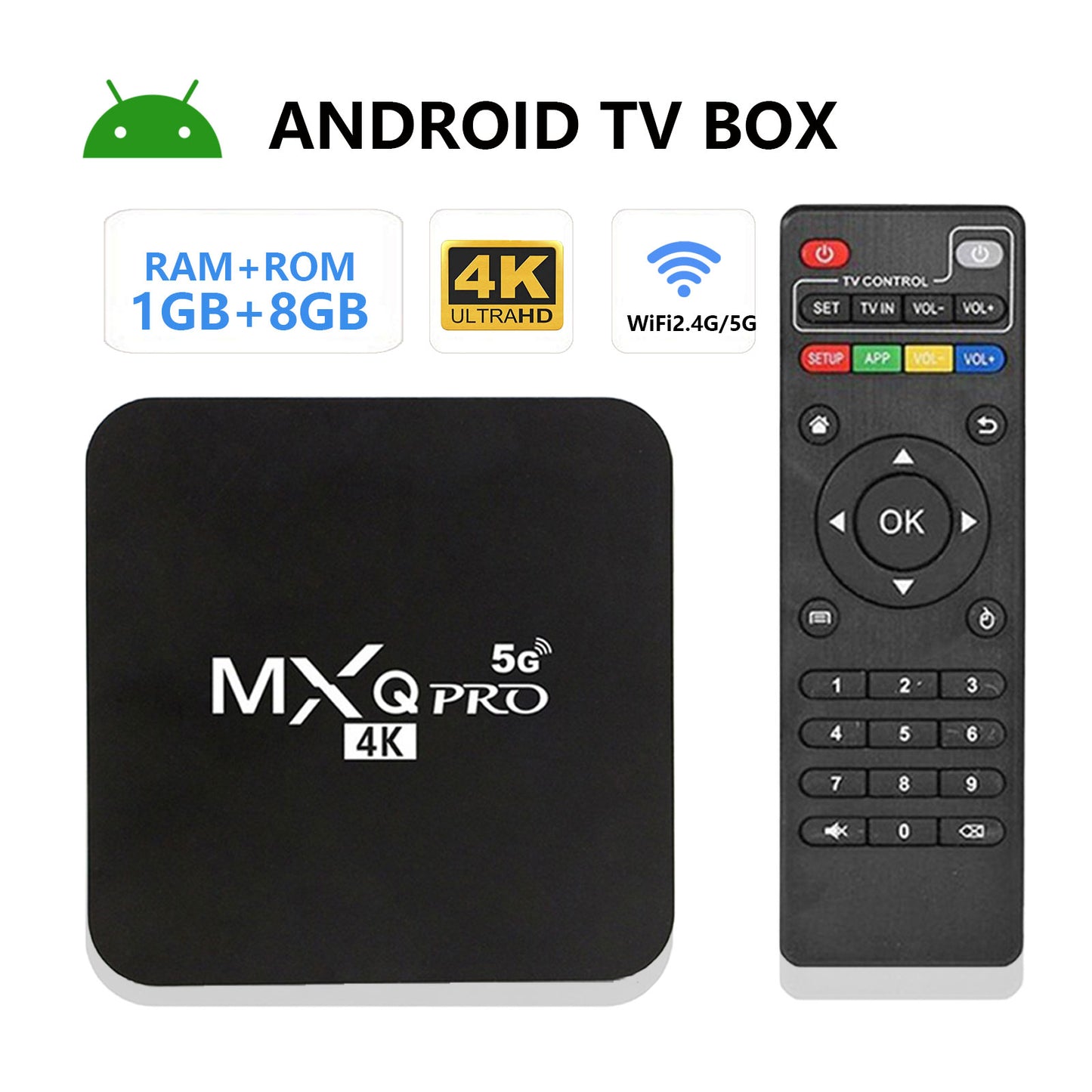 MXQ Pro 4K Android TV Box with 1GB RAM 8GB ROM, 5G WiFi, and remote control, ultra HD smart streaming media player for home entertainment
