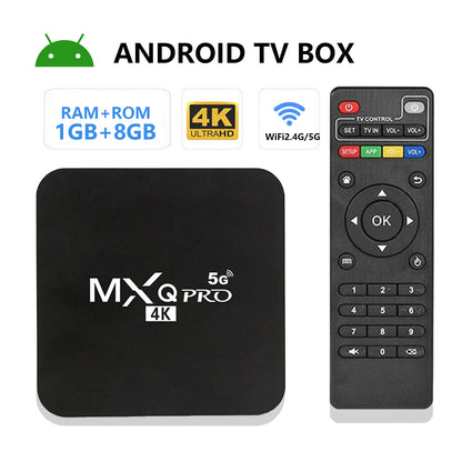MXQ Pro 4K Android TV Box with 1GB RAM 8GB ROM, 5G WiFi, and remote control, ultra HD smart streaming media player for home entertainment