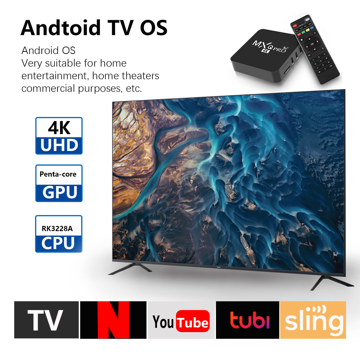 MXQ Pro 4K with remote control, RK3228A CPU, penta-core GPU, UHD support, and compatibility with Netflix, YouTube, Tubi, Sling for home entertainment