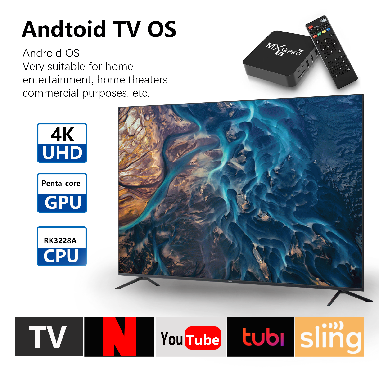 MXQ Pro 4K with remote control, RK3228A CPU, penta-core GPU, UHD support, and compatibility with Netflix, YouTube, Tubi, Sling for home entertainment