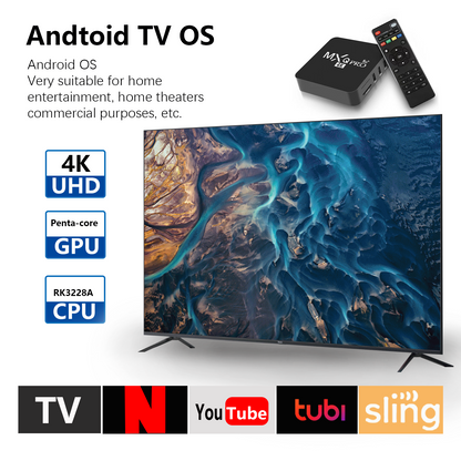 MXQ Pro 4K with remote control, RK3228A CPU, penta-core GPU, UHD support, and compatibility with Netflix, YouTube, Tubi, Sling for home entertainment