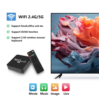 MXQ Pro 4K TV Box with 2.4G/5G WiFi, DLNA support, wireless mouse and keyboard compatibility, remote control, and smart TV entertainment for movies, music, images, and live streaming