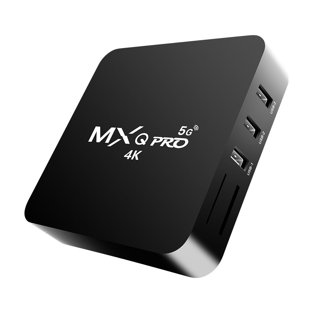 MXQ Pro 4K with 5G WiFi, Android streaming media player, black smart TV box with multiple USB ports for home entertainment
