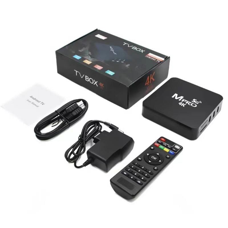 MXQ Pro 5G 4K Android TV Box full package including smart TV box, remote control, HDMI cable, power adapter, and user manual for home streaming entertainment