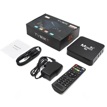 MXQ Pro 5G 4K Android TV Box full package including smart TV box, remote control, HDMI cable, power adapter, and user manual for home streaming entertainment