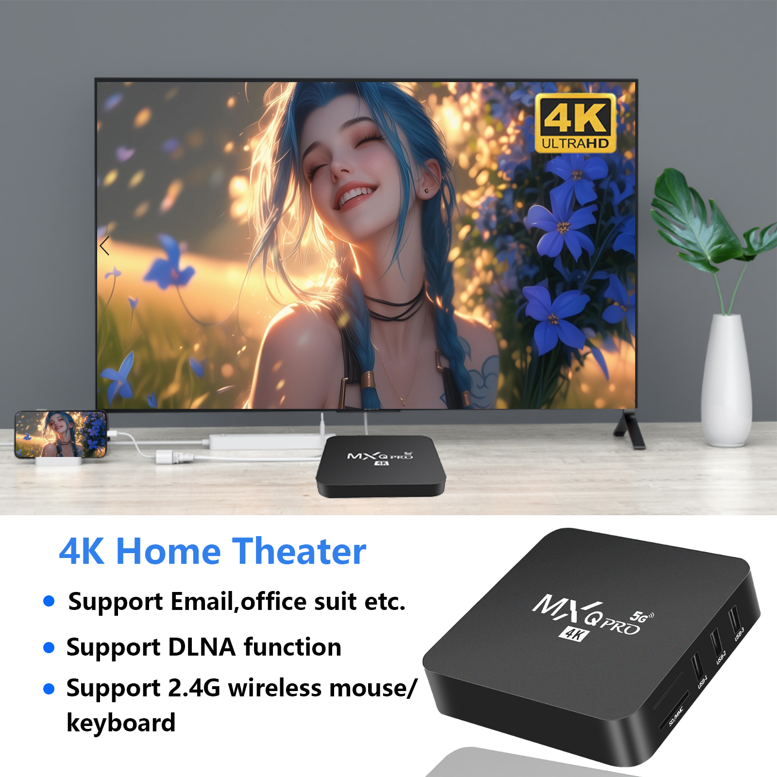 MXQ Pro 5G 4K TV Box setup for home theater with DLNA, email, office suite support, and 2.4G wireless mouse/keyboard compatibility, streaming 4K Ultra HD content to smart TV