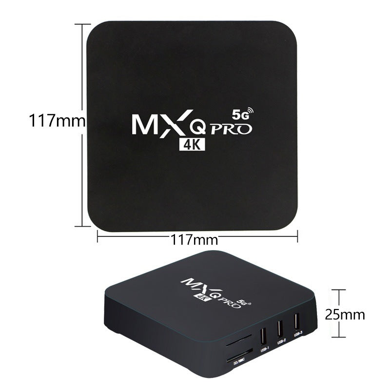 MXQ Pro 5G 4K TV Box showing dimensions 117mm x 117mm x 25mm, front and side view with USB ports and SD card slot, compact Android smart media player