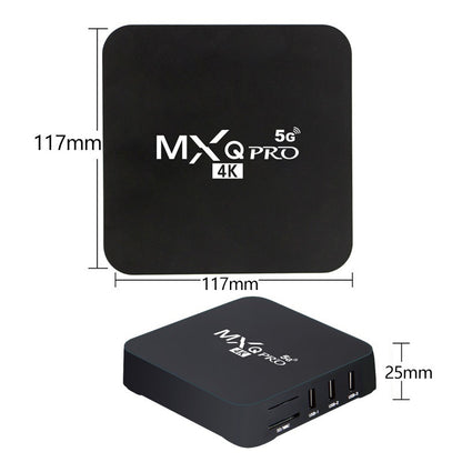 MXQ Pro 5G 4K TV Box showing dimensions 117mm x 117mm x 25mm, front and side view with USB ports and SD card slot, compact Android smart media player