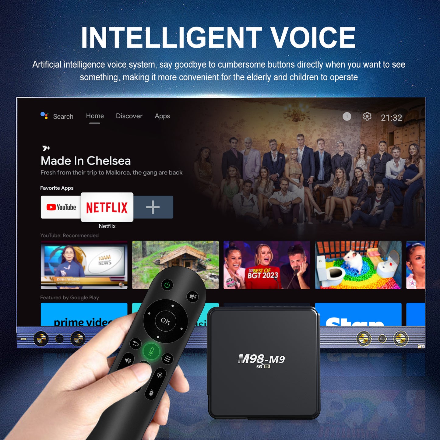 Smart TV box with remote control on a dark blue background, featuring an artificial intelligence voice system.