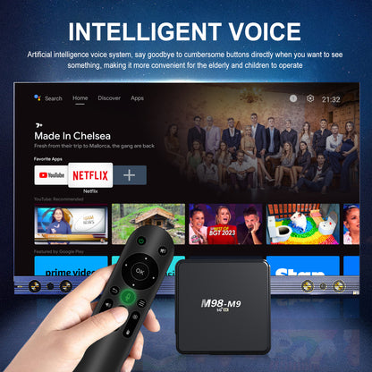 Smart TV box with remote control on a dark blue background, featuring an artificial intelligence voice system.