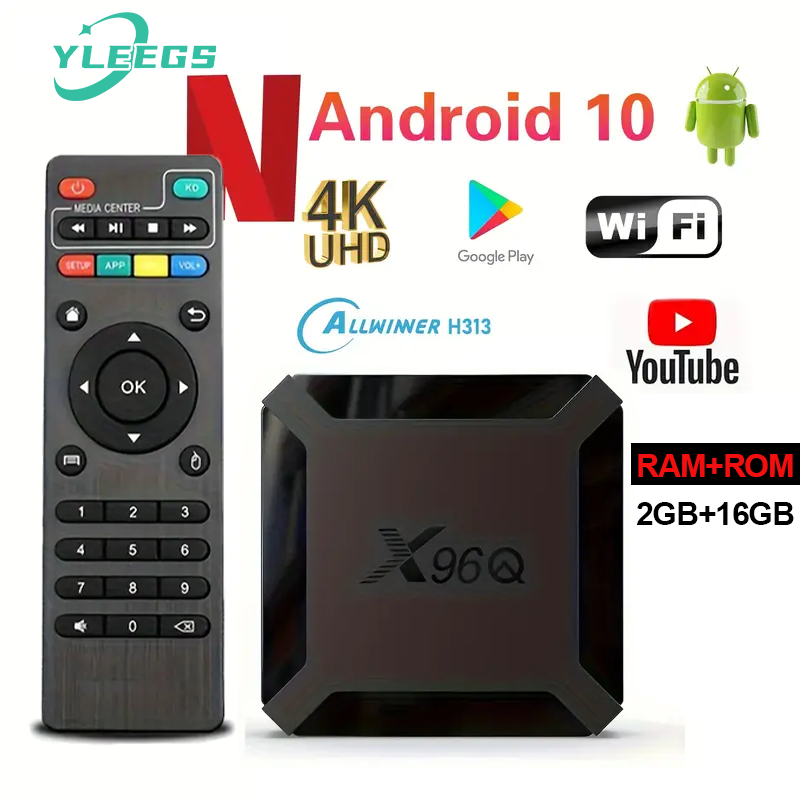 X96Q Android 10 with 2GB RAM and 16GB ROM, 4K UHD support, WiFi, Google Play, YouTube, and remote control included.