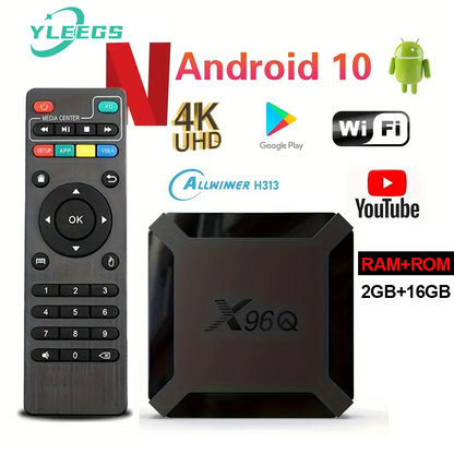 X96Q Android 10 with 2GB RAM and 16GB ROM, 4K UHD support, WiFi, Google Play, YouTube, and remote control included.