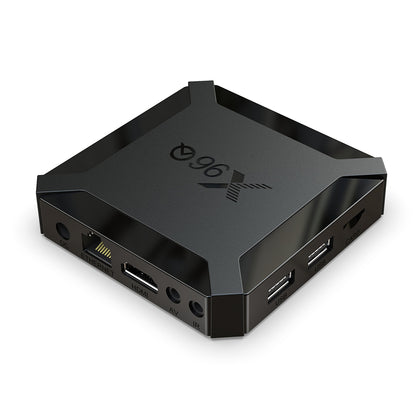 X96Q TV box with a sleek black design, dual USB ports, and microSD card slot for enhanced home streaming and entertainment.
