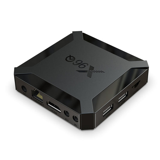 X96Q TV box with a sleek black design, dual USB ports, and microSD card slot for enhanced home streaming and entertainment.