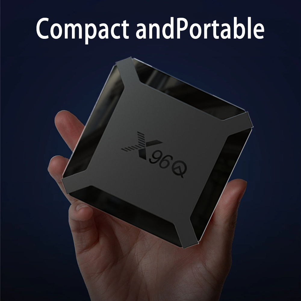 X96Q TV box being held in hand, highlighting its compact and portable design for easy home or travel streaming.