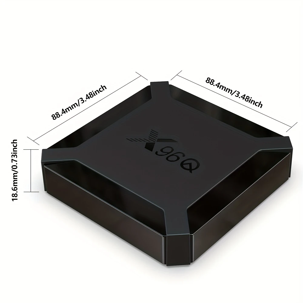 X96Q TV box displaying detailed size specifications, emphasizing its compact square shape for convenient use in any home entertainment setup.