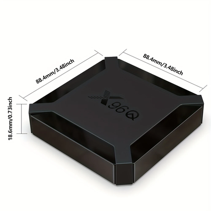 X96Q TV box displaying detailed size specifications, emphasizing its compact square shape for convenient use in any home entertainment setup.