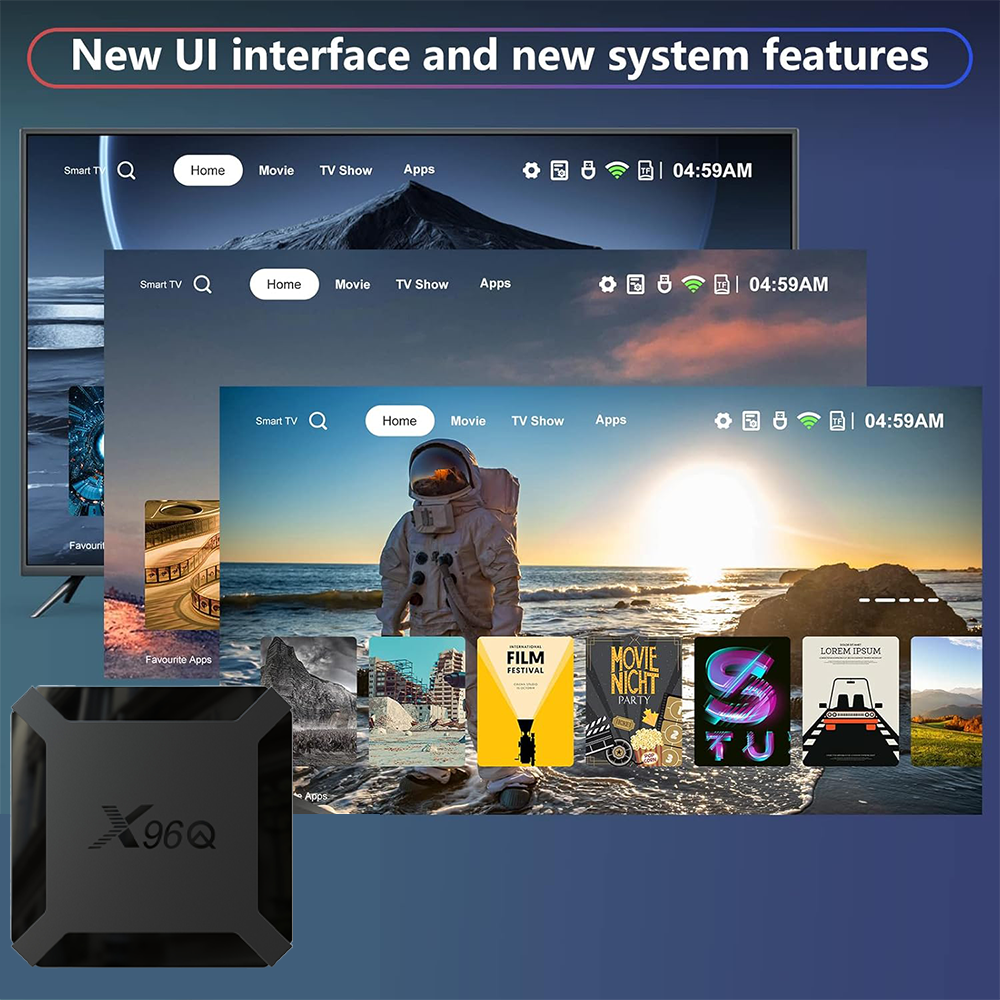 X96Q TV box showcasing its new user interface and system features, with multiple smart TV home screens displayed for enhanced entertainment experience.