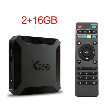X96Q  with 2GB RAM and 16GB storage shown alongside its remote control, ideal for Android smart streaming and home entertainment.