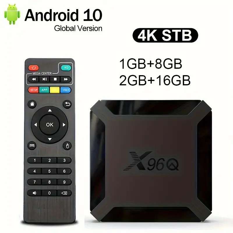 X96Q with 2GB RAM and 16GB storage shown alongside its remote control, ideal for Android smart streaming and home entertainment.