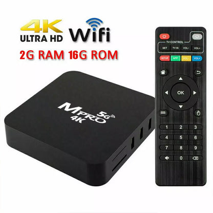 MXQ Pro 5G 4K with 2GB RAM 16GB ROM, WiFi support, and remote control for ultra HD home streaming entertainment
