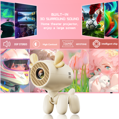 Y320LI projector with a playful puppy design, featuring built-in 3D surround sound, DSP stereo, high contrast, and auto keystone for immersive home theater experiences