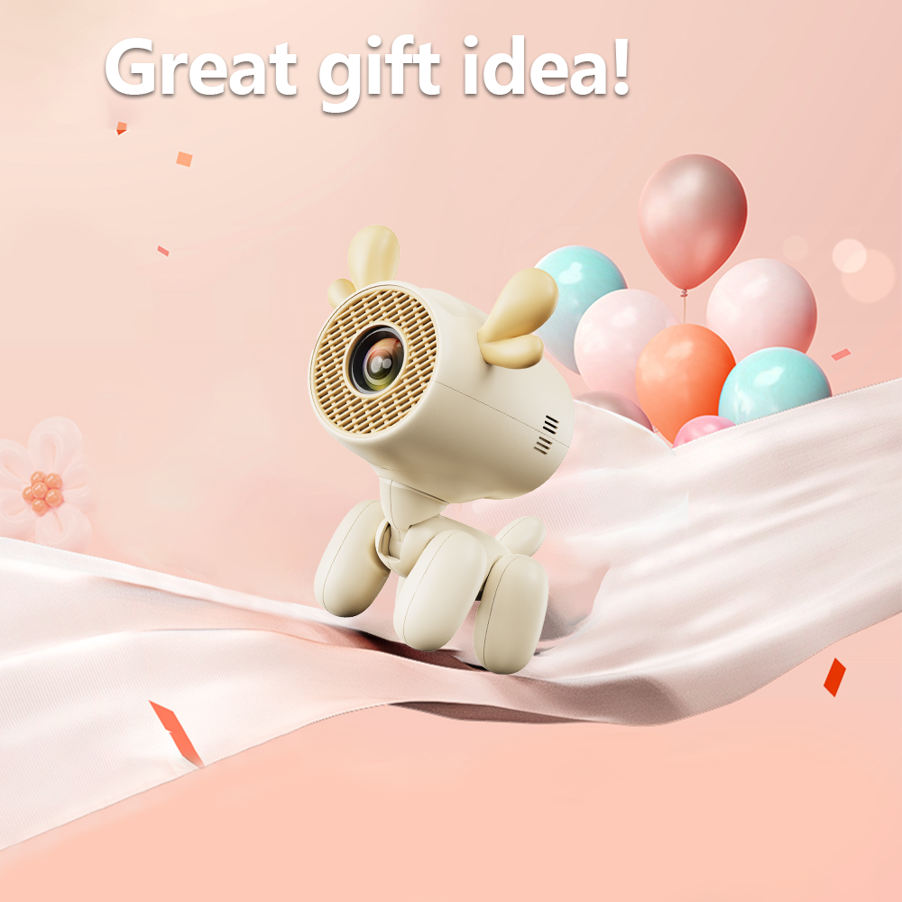 Y320LI projector styled like a cute puppy, surrounded by colorful balloons and ribbon, highlighted as a great gift idea for kids and families